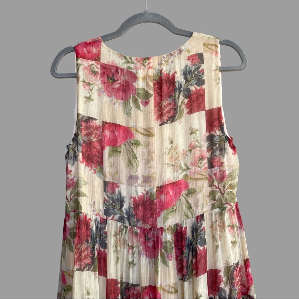 SEZANE Cream Red Rose Floral Patchwork Sleeveless Flowy Silk Alameda Maxi Dress - Picture 11 of 14